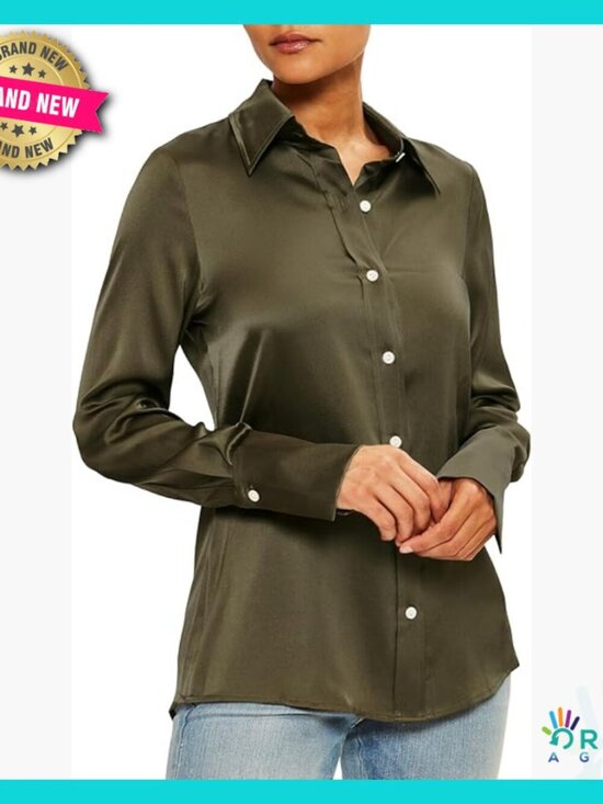 Tops - Silk Button Down Blouse Relaxed Fit Elegant Chic Classic Polished Sophisticated
